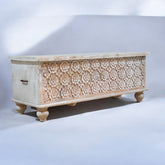 Handmade Indian Furniture Solid Hard Wood Carved Blanket Box Whitewash